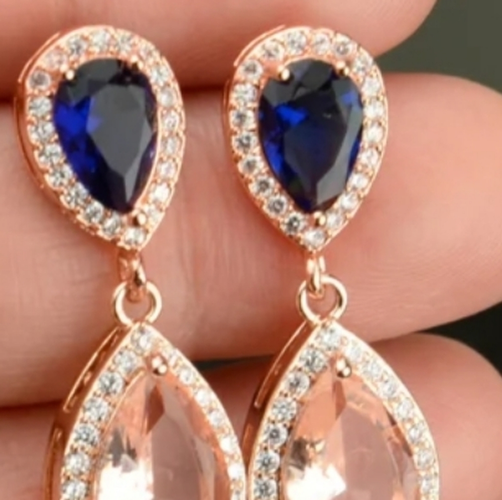 Morganite champagne blue Sapphire Navy Blue rose Gold Teardrop earrings